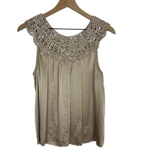 VTG 100% Silk Taupe Beige Sateen Crocheted Yoke Top Sequins Metal Accents Medium